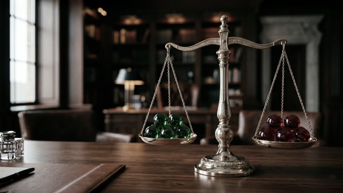 A balanced scale of justice with green and red spheres on a wooden desk.