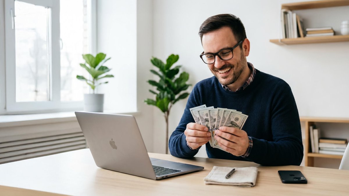 A smiling man sits at a desk, happily counting a stack of dollar bills with a laptop nearby.