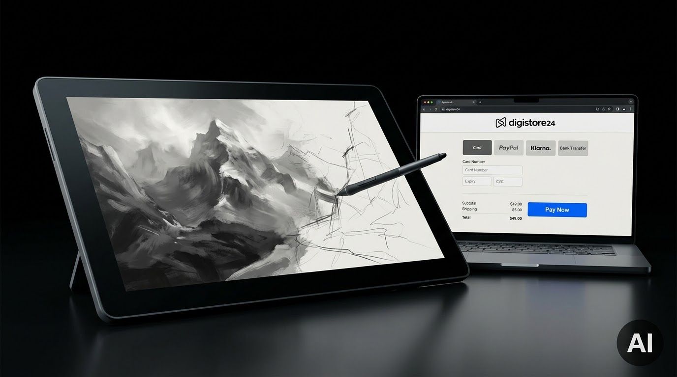 Drawing tablet shows grayscale mountain art evolving from sketch to rendered, stylus hovering, next to laptop with Digistore24 payment page. AI logo.
