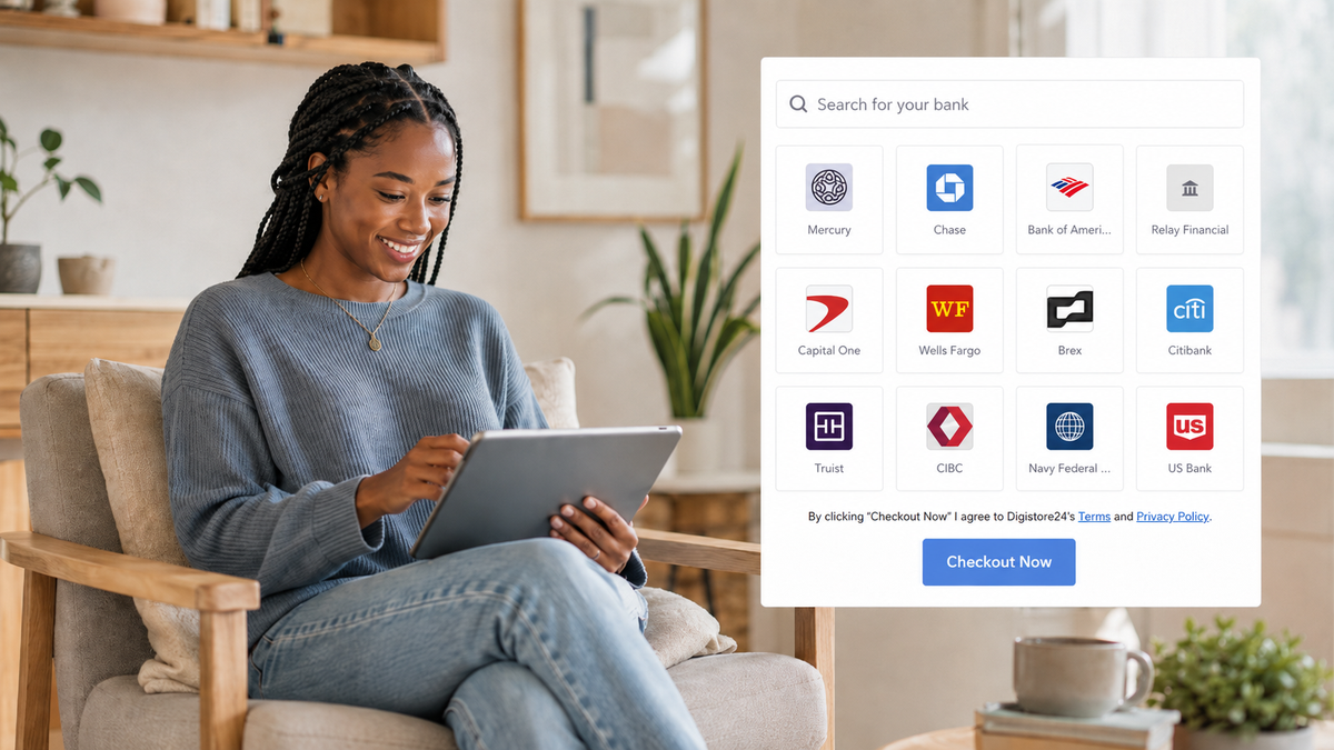 Smiling woman using a tablet next to a digital interface displaying various bank logos for selection.