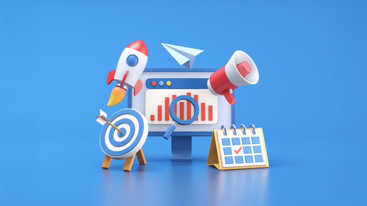 3D illustration of marketing and business concepts with a monitor showing a chart, rocket, megaphone, target, and calendar.