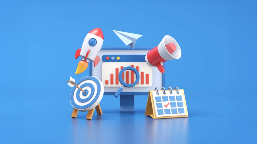 3D illustration of marketing and business concepts with a monitor showing a chart, rocket, megaphone, target, and calendar.