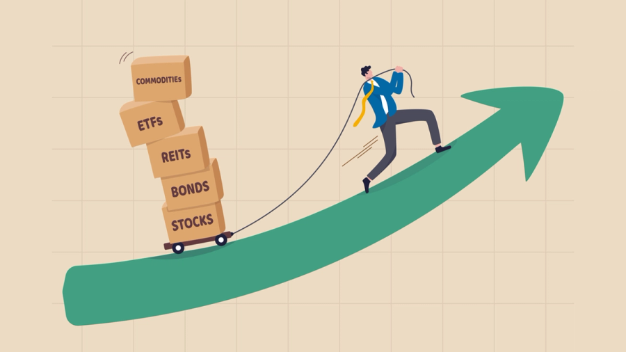 A man pulls a cart of investment boxes labeled Stocks, Bonds, REITs, ETFs, and Commodities up a rising green arrow graph.