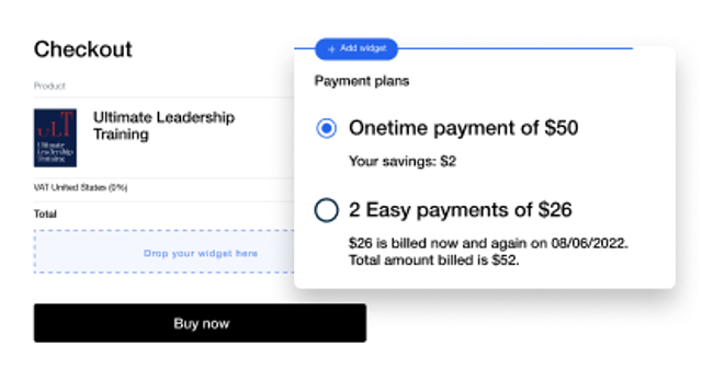 Checkout with a payment-plans widget offering a one-time payment or two instalments.