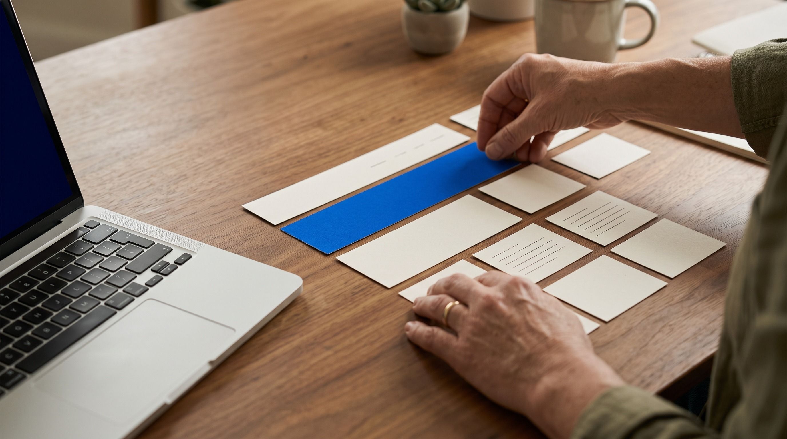 Person's hands arranging paper UI elements, including a blue strip, on a wooden desk next to a laptop.