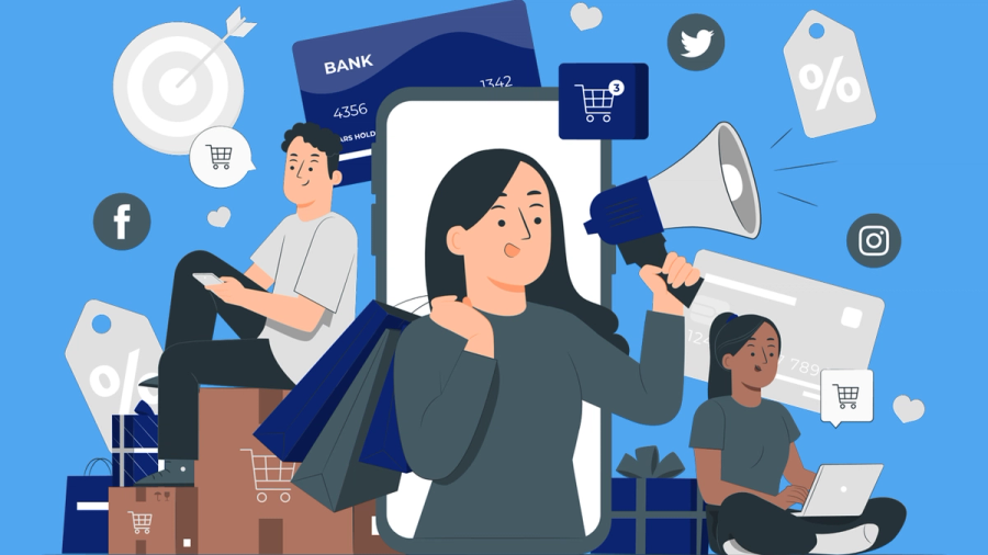 Illustration of online shopping and digital marketing with people, phones, credit cards, and social media symbols.