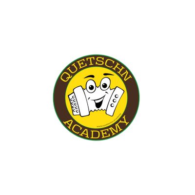Circular logo for Quetschn Academy featuring a smiling cartoon accordion.