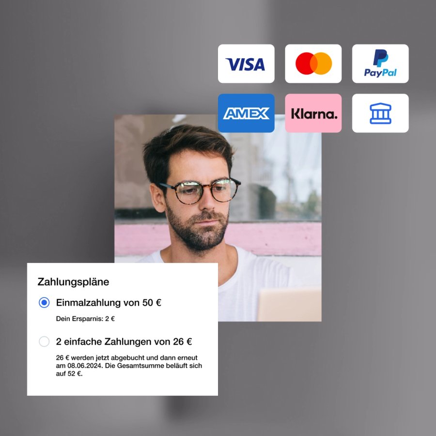 Man selecting a payment plan, with options for single or installment payments, and logos for Visa, Mastercard, PayPal, Amex, Klarna, and bank transfer visible.