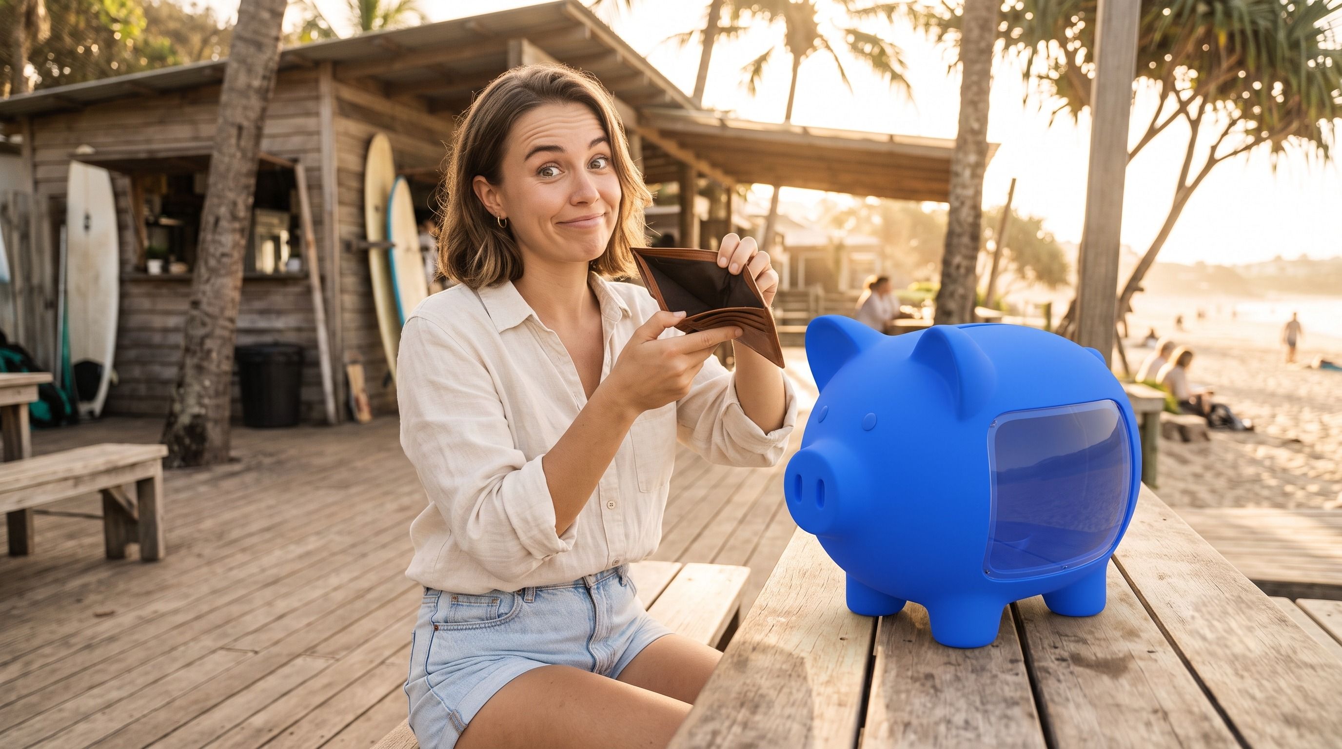 Woman shows an empty wallet and an empty blue piggy bank on a beach deck.