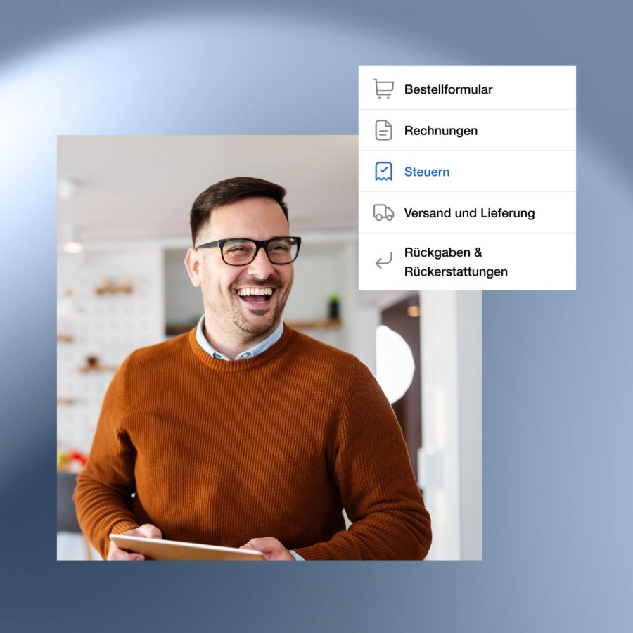Smiling man holding a tablet with a menu overlay highlighting "Steuern" (Taxes).