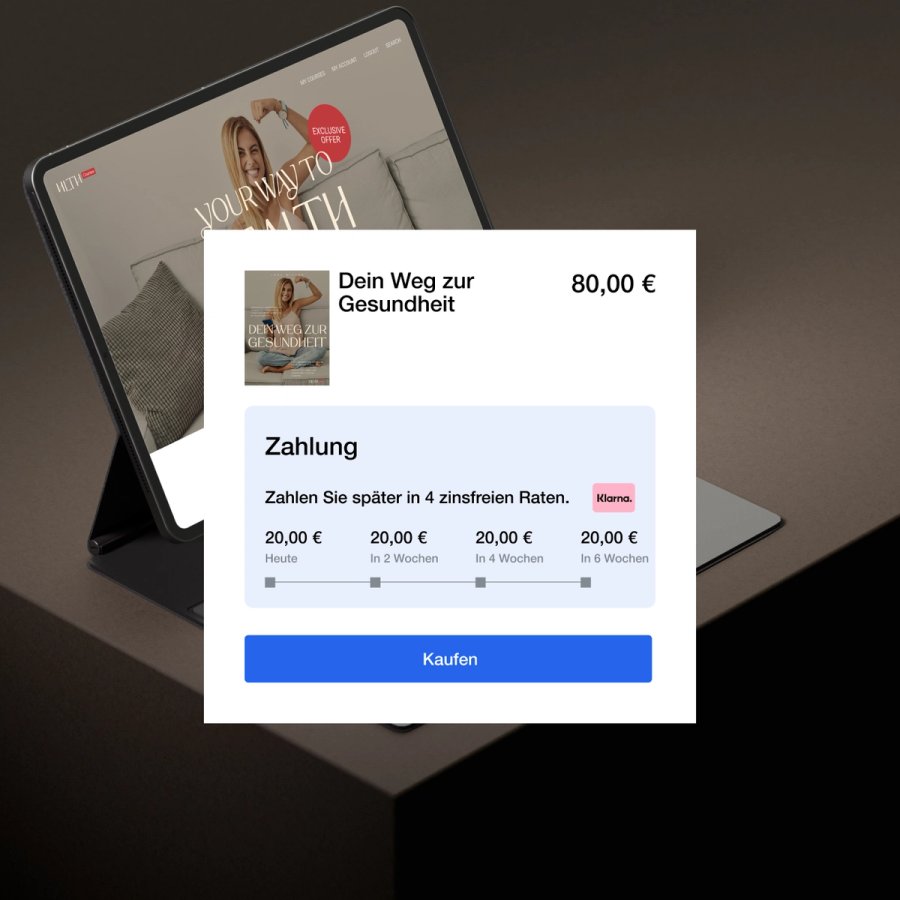 A tablet displaying a website with a payment pop-up for "Dein Weg zur Gesundheit" priced at 80,00 €, offering Klarna's 4-installment payment option.