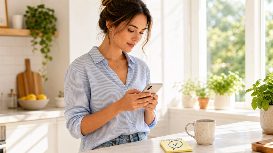 A woman in a blue striped shirt uses her smartphone in a bright kitchen.