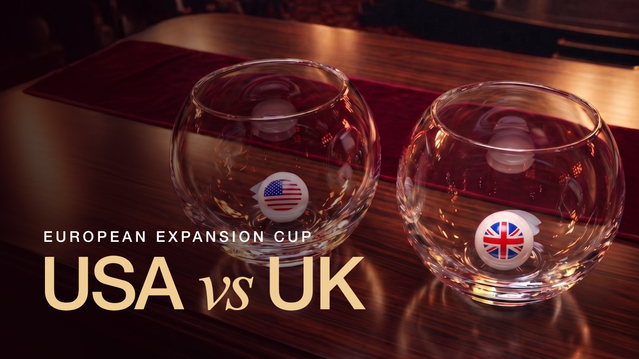 Two glass bowls, one with a USA flag ball and one with a UK flag ball, on a table. Text: "EUROPEAN EXPANSION CUP USA vs UK".