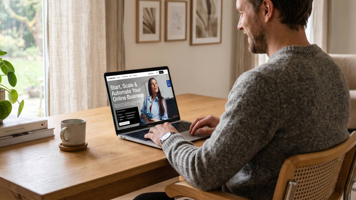 Man working on a laptop displaying an online business website.