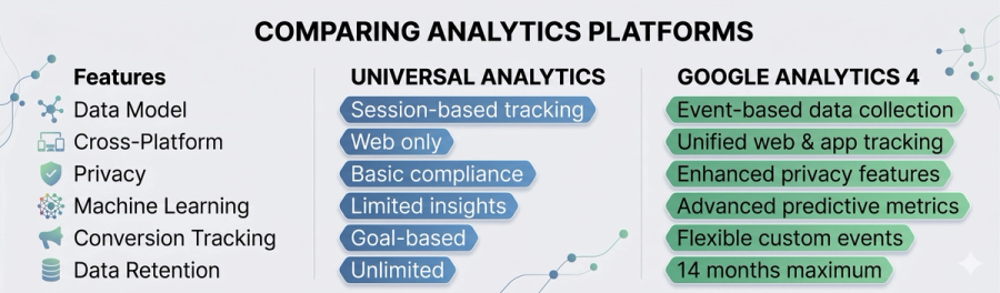 Comparison chart detailing features of Universal Analytics and Google Analytics 4, including data model, cross-platform, privacy, and data retention.