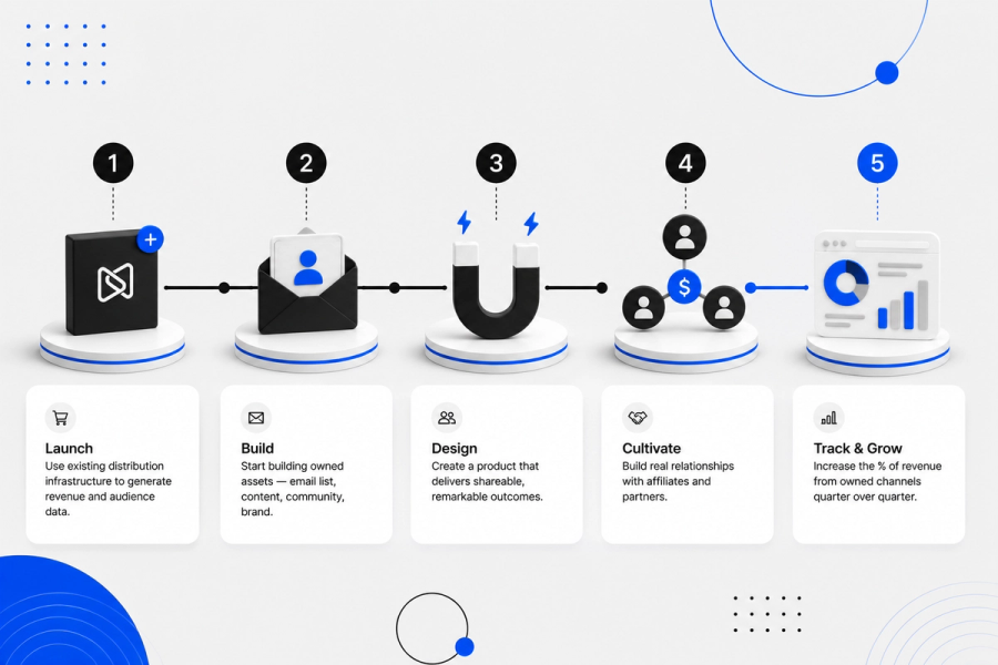 A 5-step business workflow diagram showing the stages: Launch, Build, Design, Cultivate, and Track & Grow.