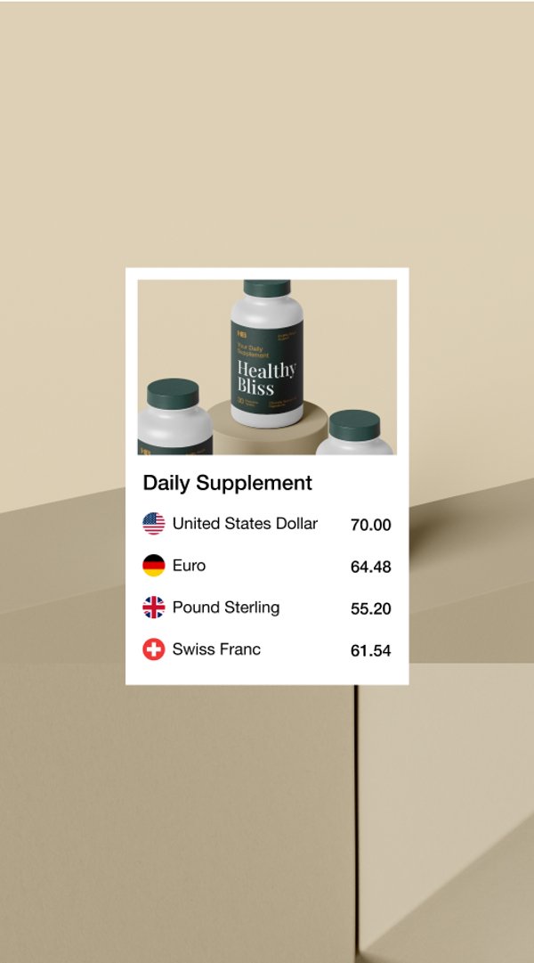 Um cartão de produto para "Healthy Bliss Daily Supplement" mostrando preços em USD, Euro, Libra Esterlina e Franco Suíço.