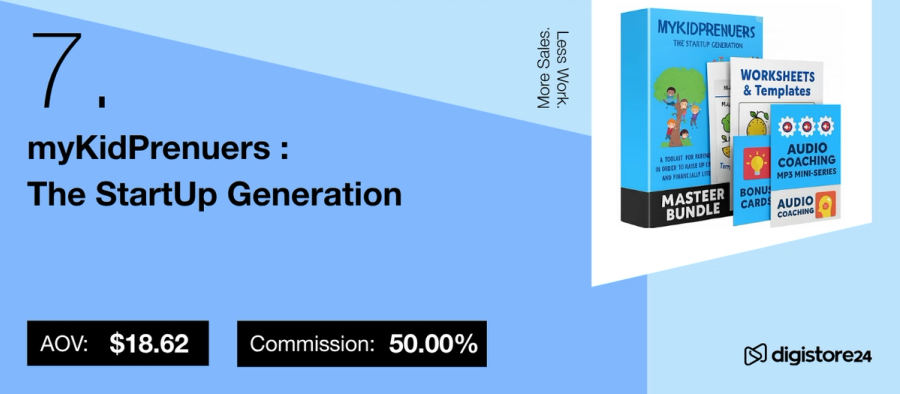 Digistore24 ad for "myKidPrenuers: The StartUp Generation" Master Bundle, showing AOV $18.62 and 50% commission.