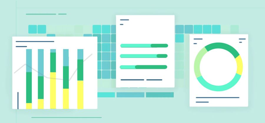Digital illustration of three data visualizations: a stacked bar chart, progress bars, and a donut chart, all in green, yellow, and blue.