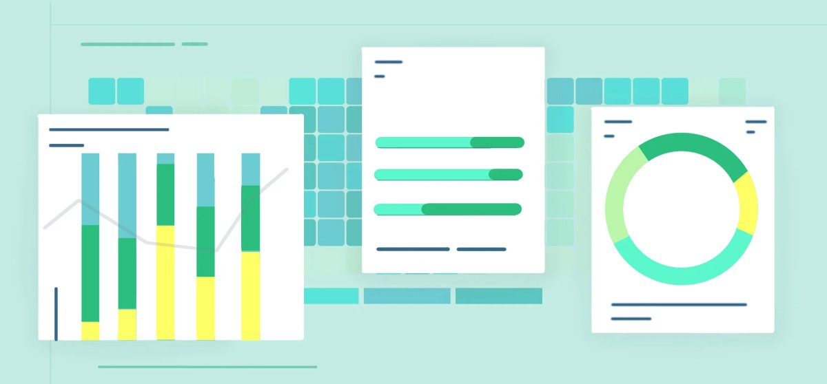 Digital illustration of three data visualizations: a stacked bar chart, progress bars, and a donut chart, all in green, yellow, and blue.