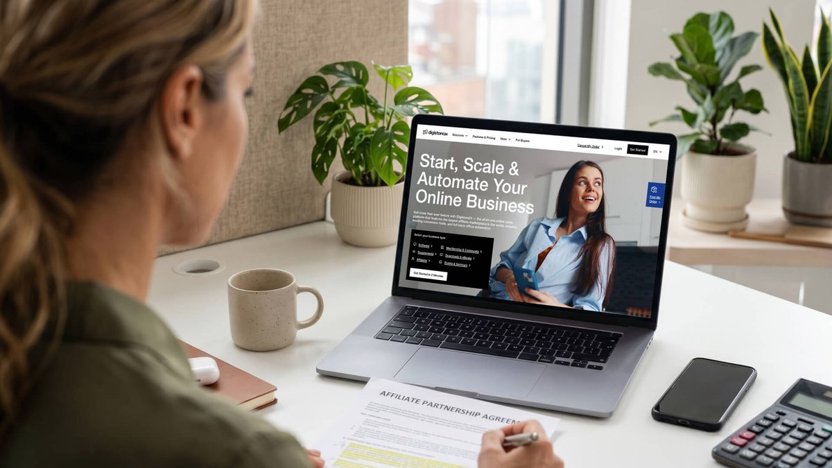 A person views a laptop displaying an online business platform while signing an affiliate partnership agreement.
