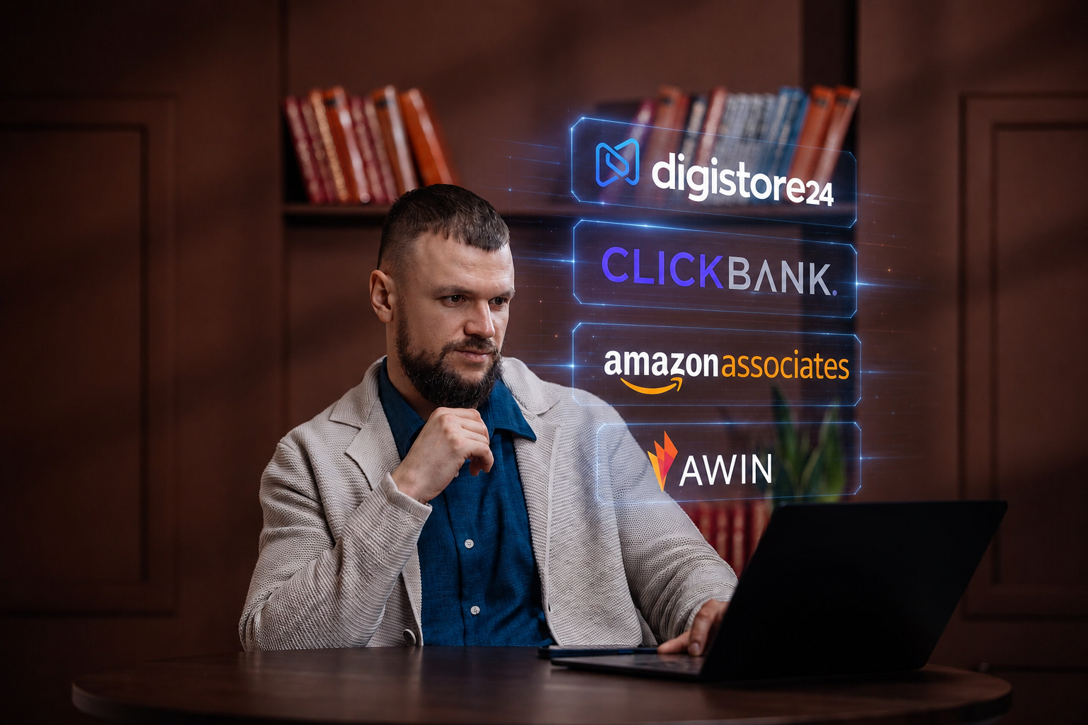 A man looks at a laptop with holographic affiliate marketing platform logos (Digistore24, ClickBank, Amazon Associates, AWIN) floating nearby.