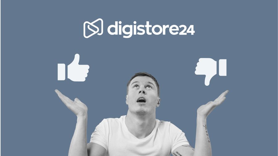 Man looking up confusedly between a thumbs-up and thumbs-down icon, with the Digistore24 logo above.