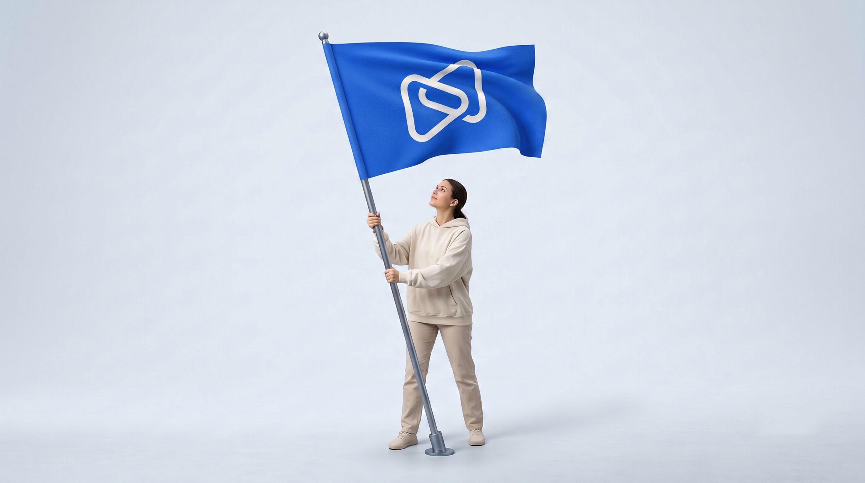Woman holds a blue flag with a white StreamLabs logo.
