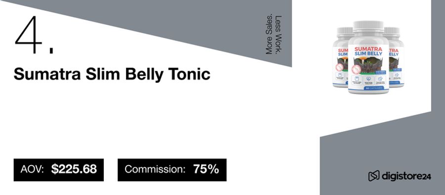Item 4: Sumatra Slim Belly Tonic supplement bottles with AOV $225.68 and 75% commission.