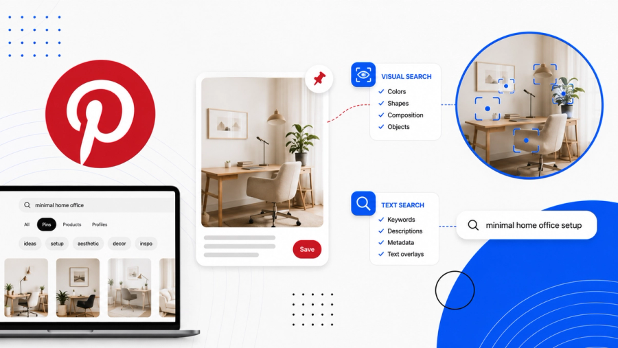 Pinterest infographic demonstrating visual and text search to find "minimal home office" ideas, showing search results on a laptop and analysis diagrams.