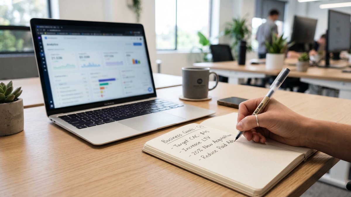 A hand writes business goals in a notebook next to a laptop displaying analytics on an office desk.