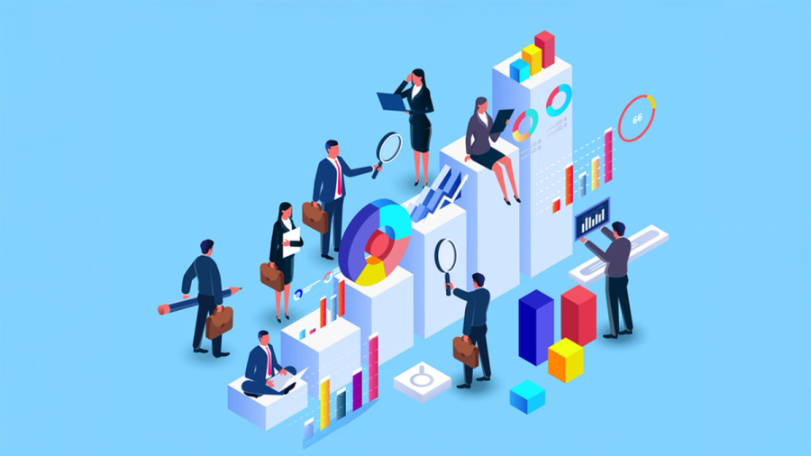 Isometric illustration of businesspeople analyzing data charts and visualizations.