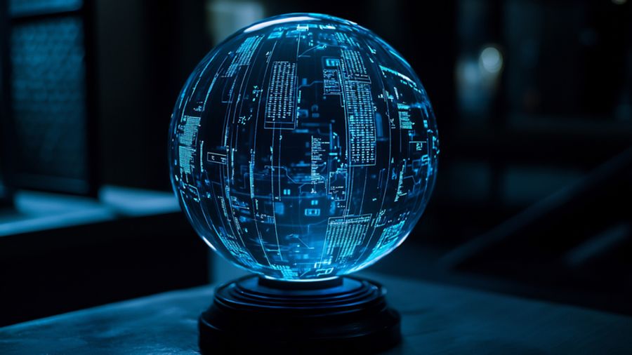 A glowing blue holographic sphere displaying digital data and circuitry patterns.