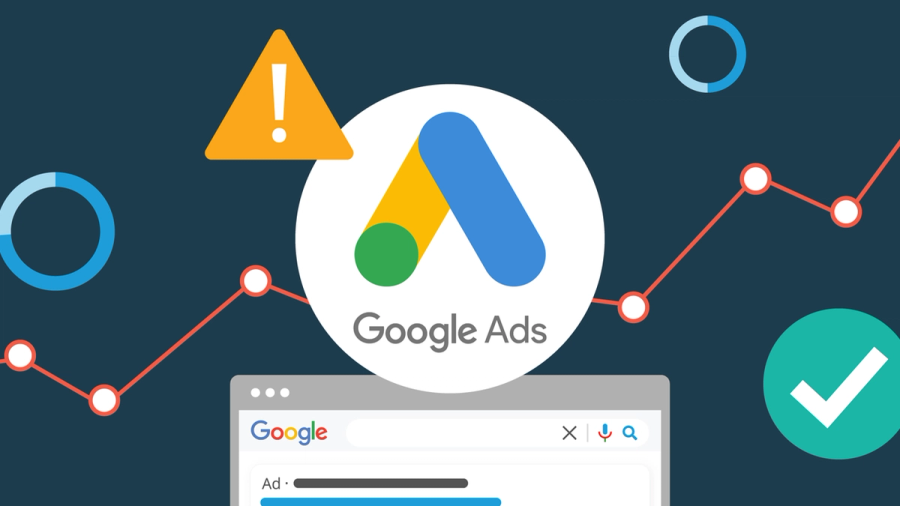 Google Ads logo with a rising performance graph, a warning sign, a checkmark, and a Google search ad.
