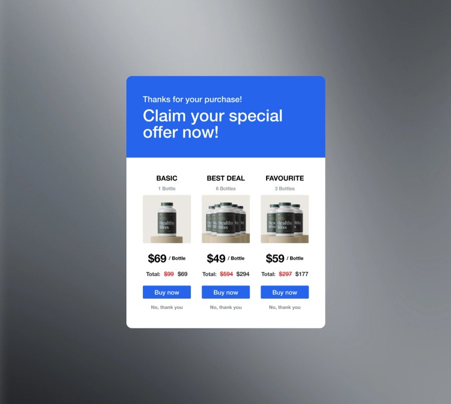 A mobile checkout interface showing a product, price, payment plan options, and contact information fields on overlapping white cards.