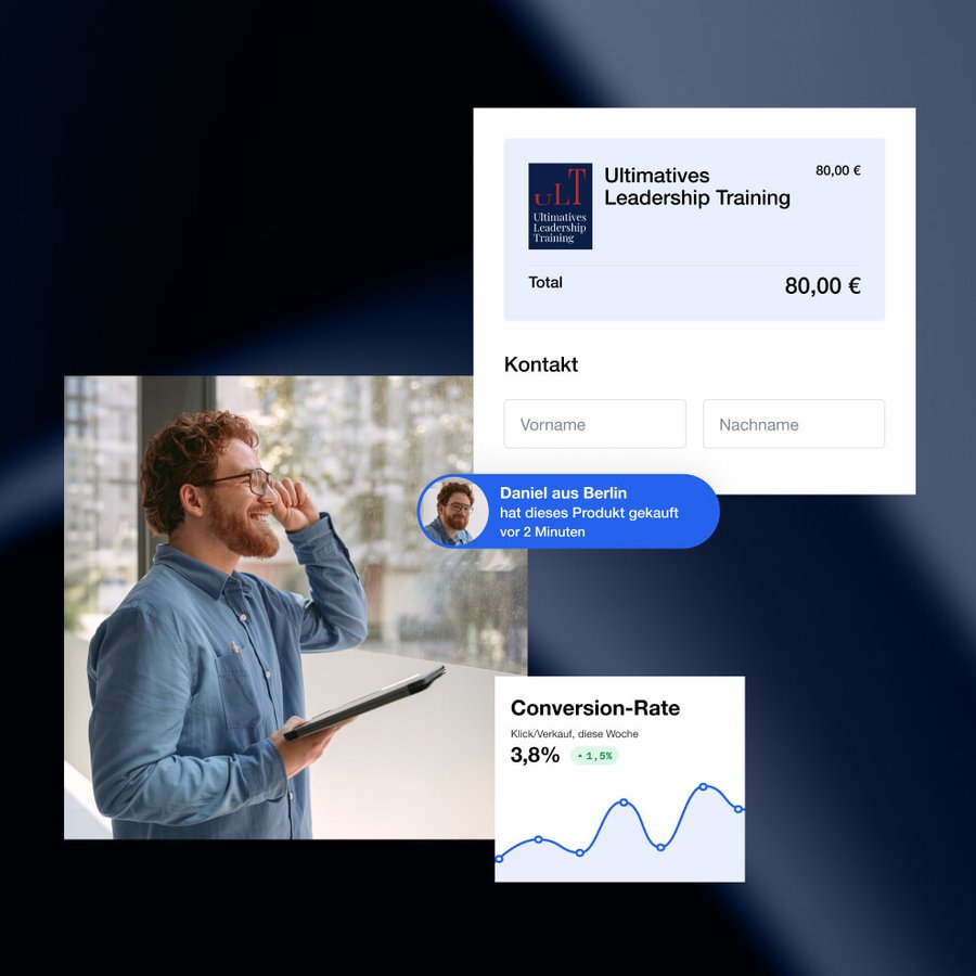 A man holding a tablet, with digital overlays showing an online course sale, a customer purchase alert, and a conversion rate graph.