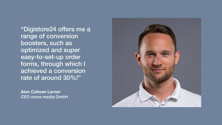 Headshot of Alon Colman Lerner next to his testimonial for Digistore24.
