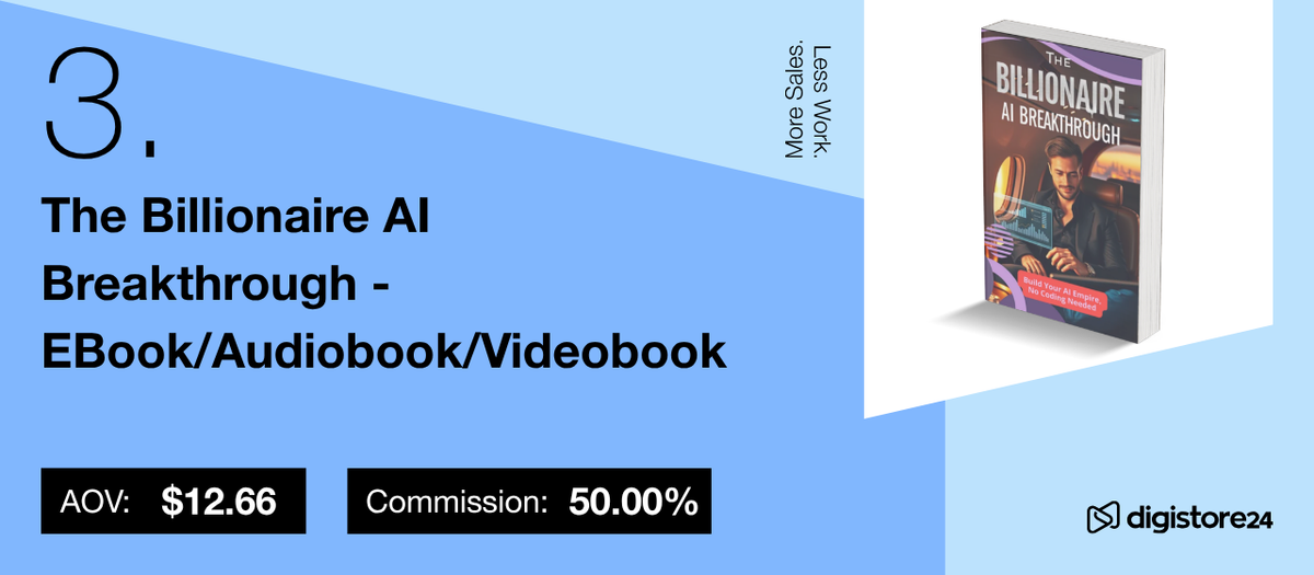 Advertisement for 'The Billionaire AI Breakthrough' (EBook/Audiobook/Videobook) with its cover, AOV $12.66, and 50% commission.