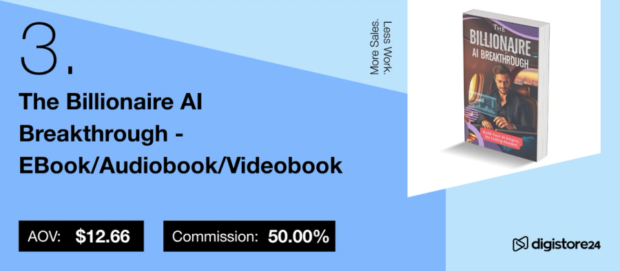 Advertisement for 'The Billionaire AI Breakthrough' (EBook/Audiobook/Videobook) with its cover, AOV $12.66, and 50% commission.