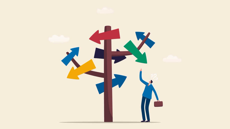 A confused person looks up at a signpost with many arrows pointing in different directions.