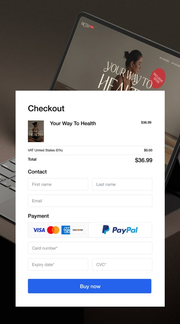 Un formulaire de paiement pour « Your Way To Health » avec des champs de contact et de paiement, affiché sur un écran de tablette.