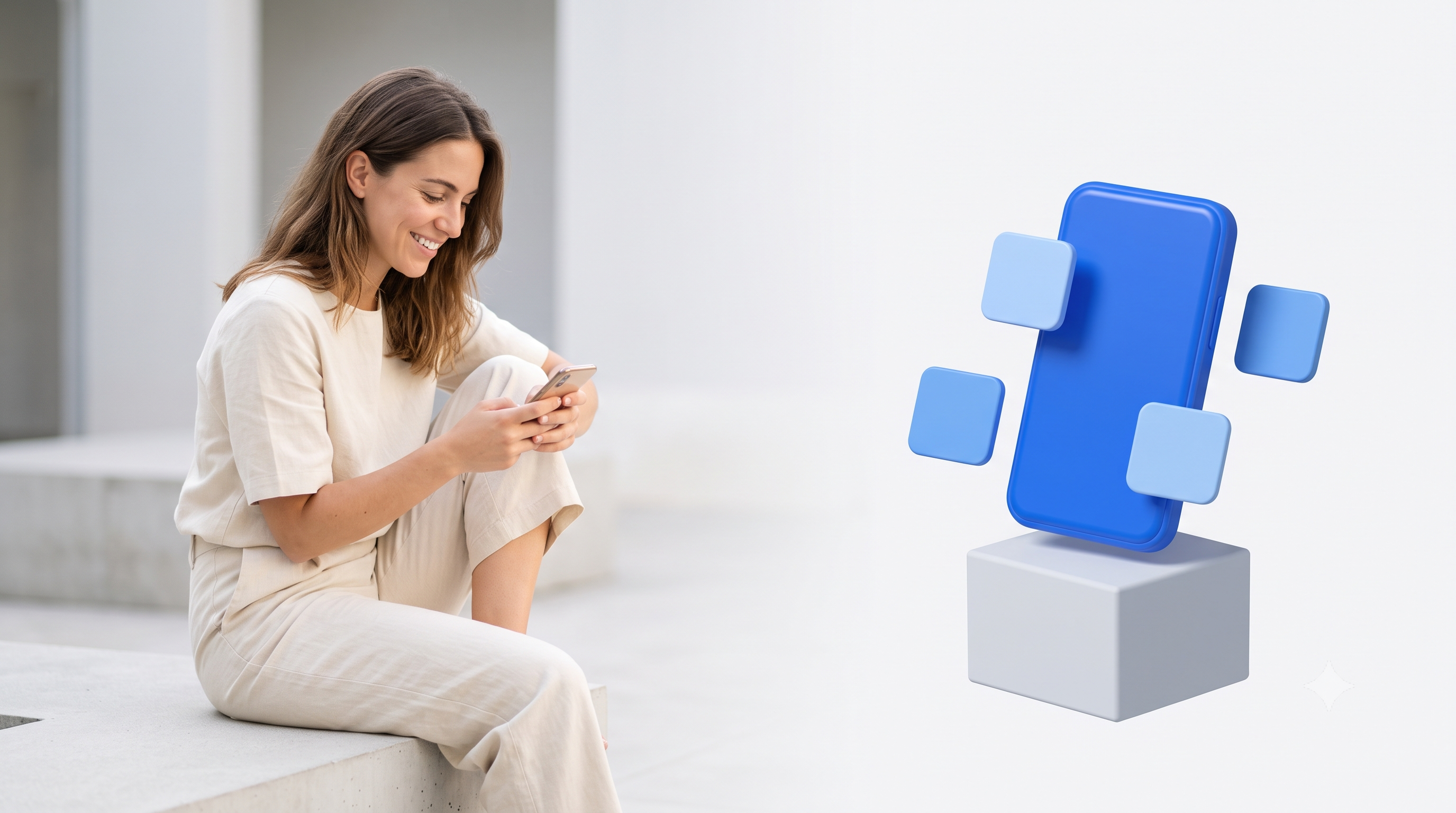 Woman using a smartphone, next to a 3D illustration of a blue phone with floating app icons.