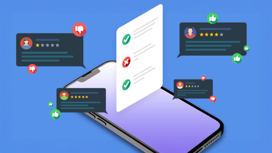 Smartphone displaying a survey, surrounded by customer feedback bubbles with ratings and reactions.