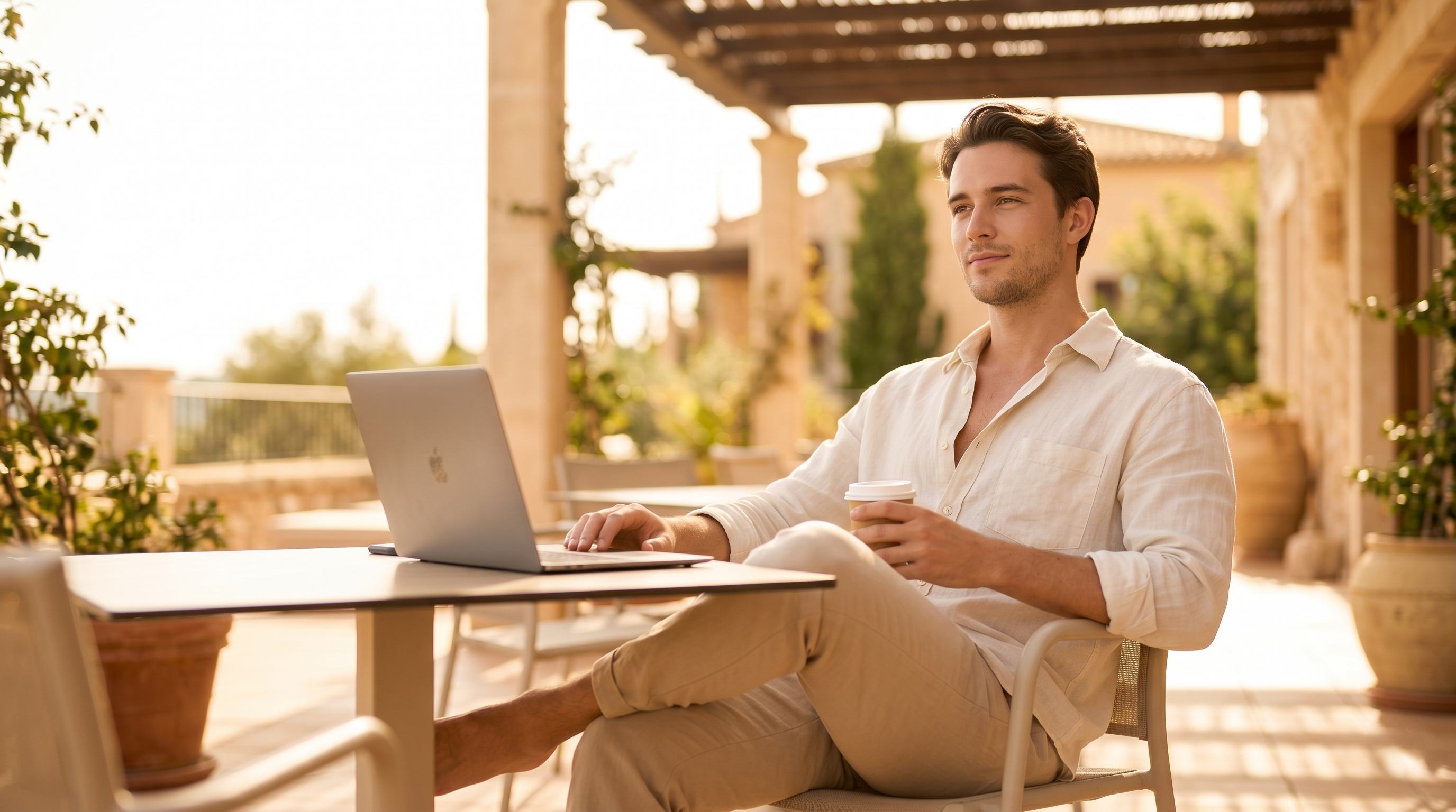A man works on a laptop outdoors on a sunny patio, holding a coffee cup.