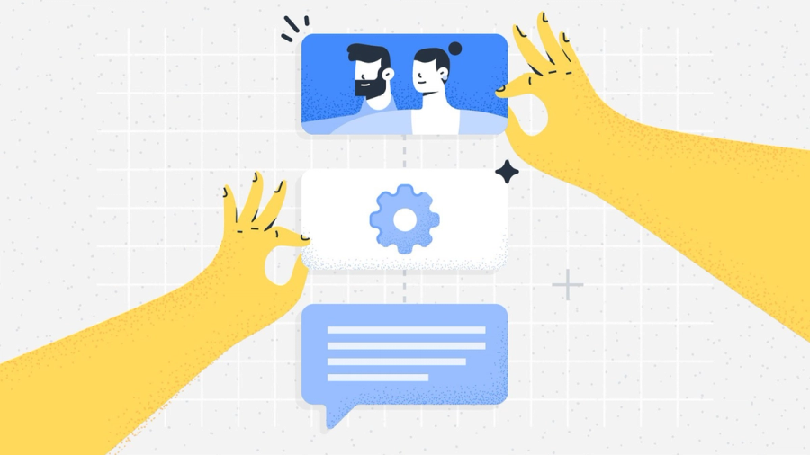 Two hands arranging a vertical sequence of cards: user profiles, a gear, and a speech bubble.