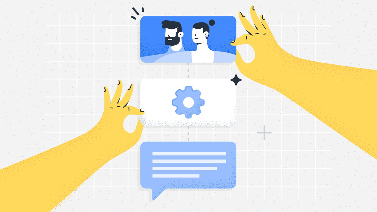 Two hands arranging a vertical sequence of cards: user profiles, a gear, and a speech bubble.