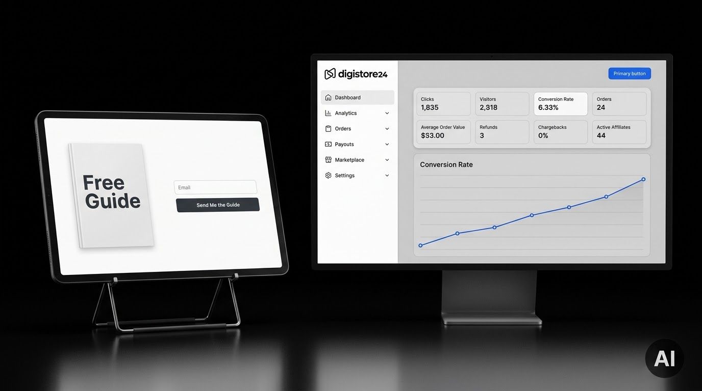 A tablet displaying an email signup page for a 'Free Guide' and a monitor showing an e-commerce analytics dashboard.