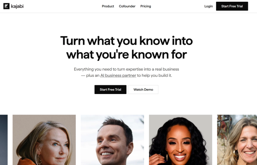 Kajabi homepage: 'Turn what you know into what you're known for', promoting AI business partner capabilities, with free trial and demo buttons.