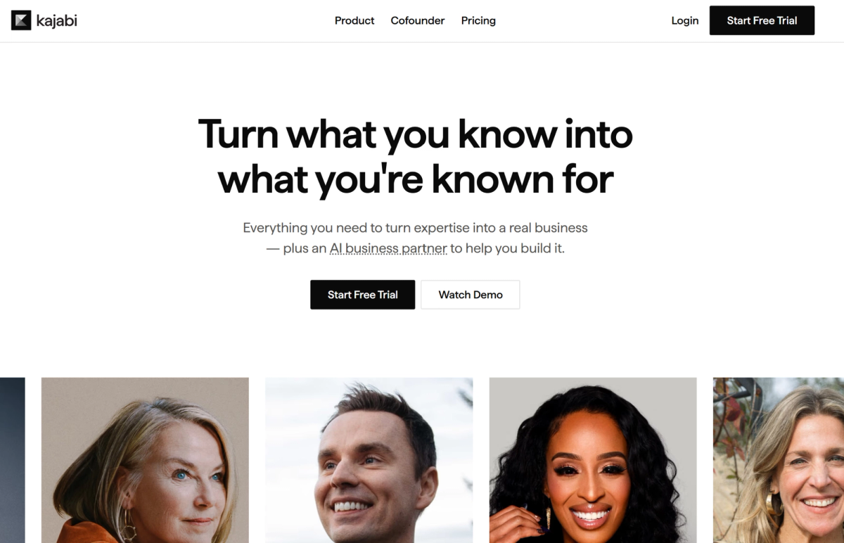 Kajabi homepage: 'Turn what you know into what you're known for', promoting AI business partner capabilities, with free trial and demo buttons.
