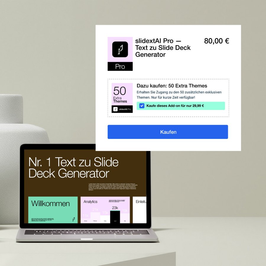 A laptop displaying a "Text to Slide Deck Generator" interface, with a purchase pop-up for "slidextAI Pro" showing prices and add-ons.